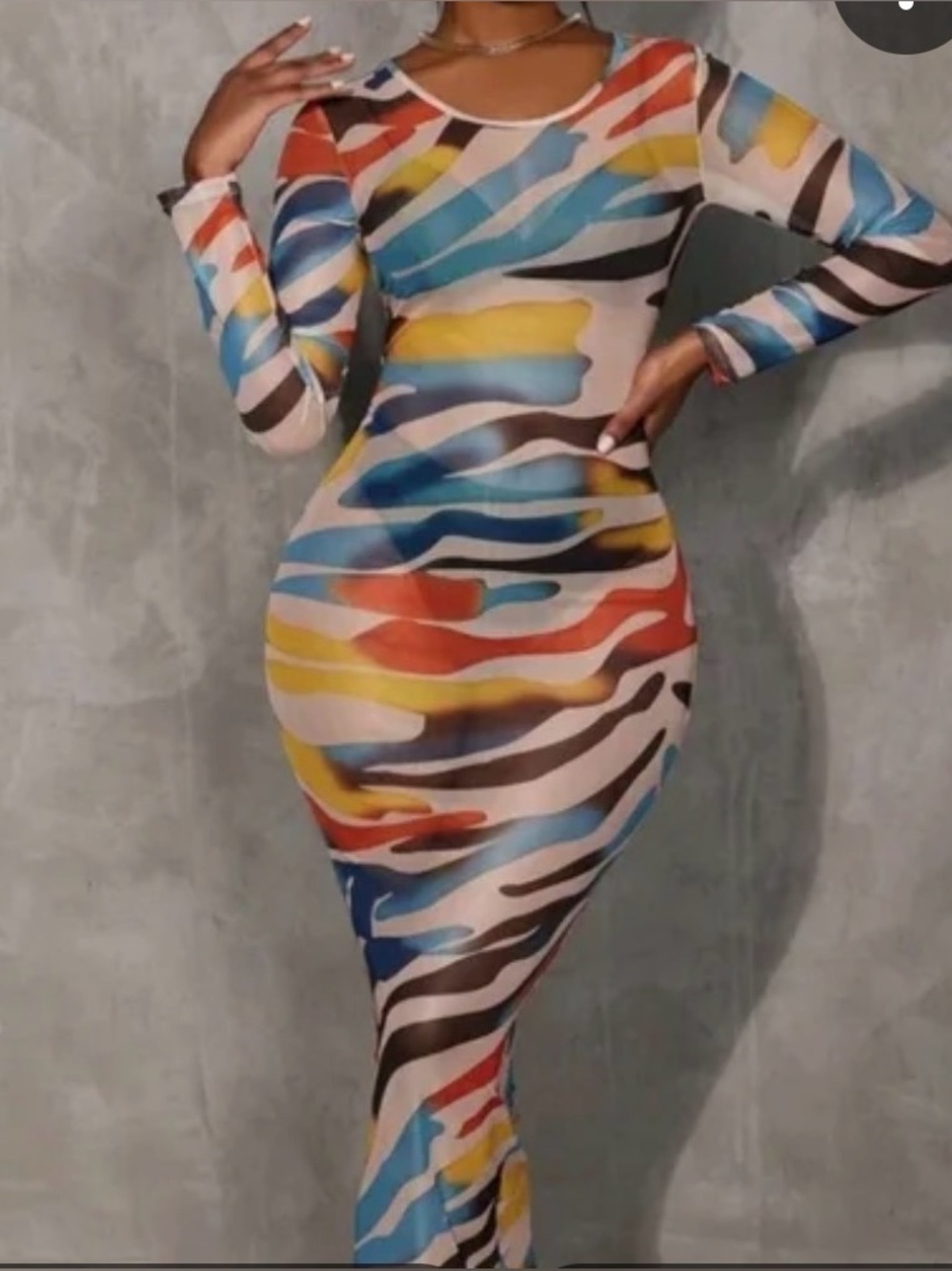 Multicolor Wave-Print Bodycon Dress - Long Sleeve / Swim Cover Up